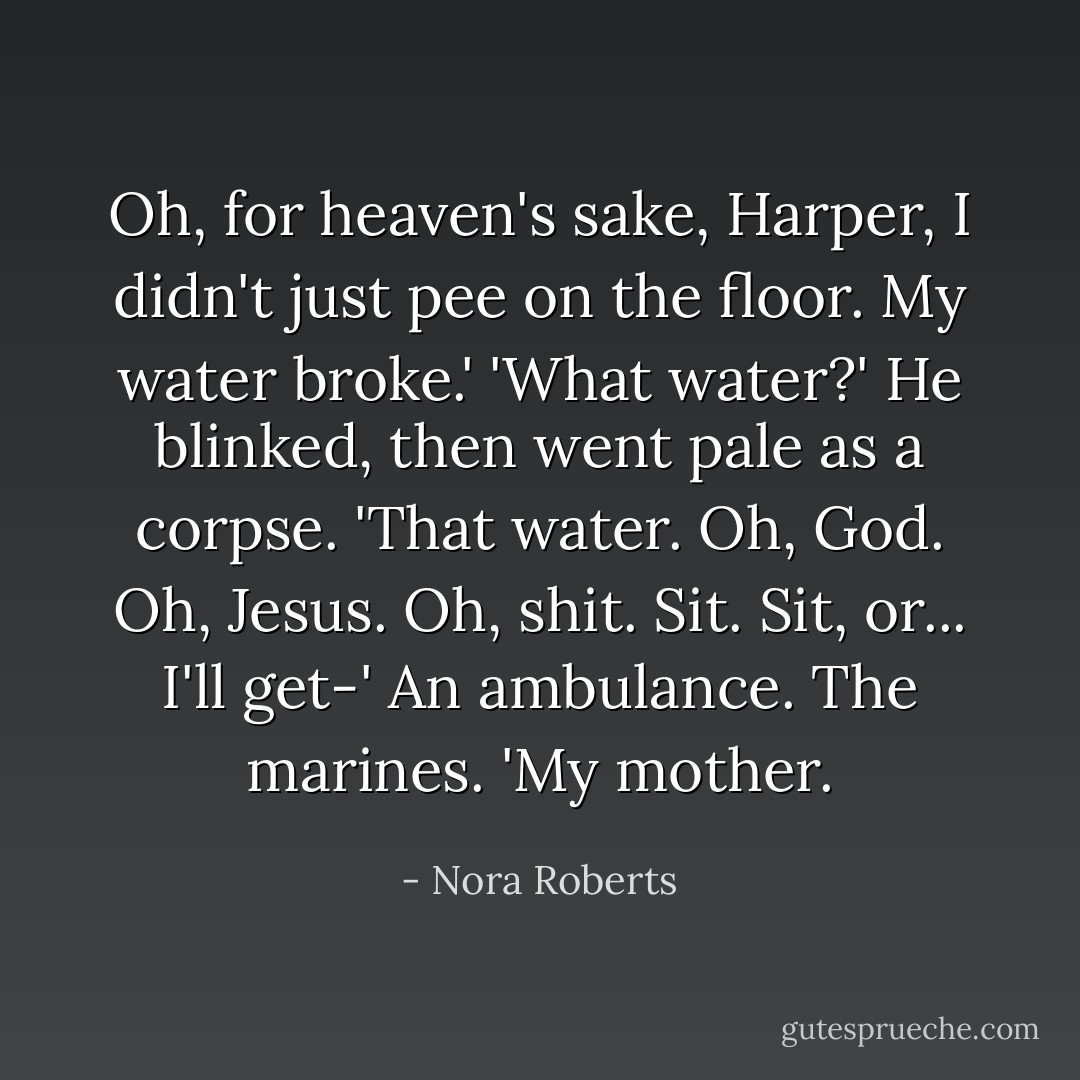 Oh, for heaven's sake, Harper, I didn't just pee on the floor. My water broke.'<br />'What water?' He blinked, then went pale as a corpse. '<i>That</i> water. Oh, God. Oh, Jesus. Oh, shit. Sit. Sit, or... I'll get-'<br />An ambulance. The marines.<br />'My mother. - Nora Roberts