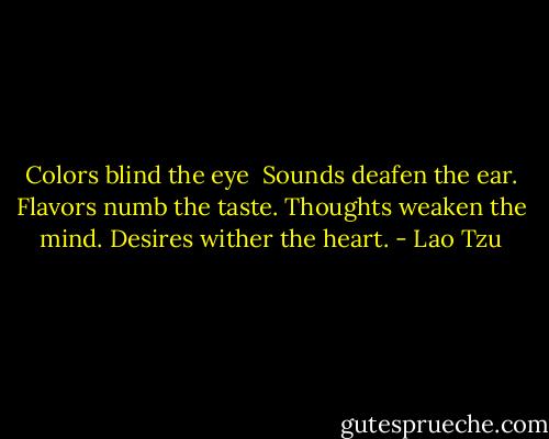 Colors blind the eye <br />Sounds deafen the ear.<br />Flavors numb the taste.<br />Thoughts weaken the mind.<br />Desires wither the heart. - Lao Tzu