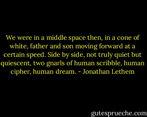 We were in a middle space then, in a cone of white, father and son moving forward at a certain speed. Side by side, not truly quiet but quiescent, two gnarls of human scribble, human cipher, human dream. - Jonathan Lethem