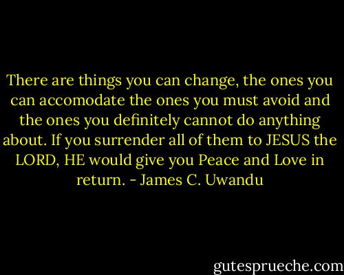 There are things you can change, the ones you can accomodate the ones you must avoid and the ones you definitely cannot do anything about. If you surrender all of them to JESUS the LORD, HE would give you Peace and Love in return. - James C. Uwandu