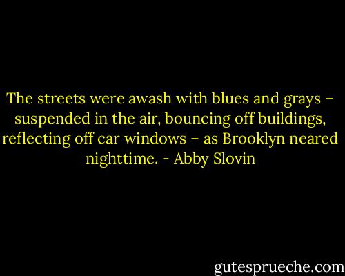The streets were awash with blues and grays – suspended in the air, bouncing off buildings, reflecting off car windows – as Brooklyn neared nighttime. - Abby Slovin