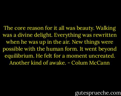 The core reason for it all was beauty. Walking was a divine delight. Everything was rewritten when he was up in the air. New things were possible with the human form. It went beyond equilibrium. He felt for a moment uncreated. Another kind of awake. - Colum McCann