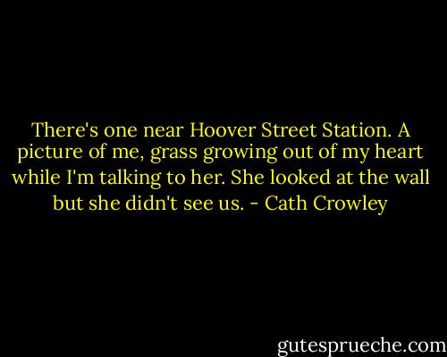 There's one near Hoover Street Station. A picture of me, grass growing out of my heart while I'm talking to her.<br />She looked at the wall but she didn't see us. - Cath Crowley