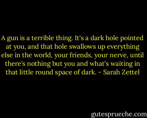 A gun is a terrible thing. It's a dark hole pointed at you, and that hole swallows up everything else in the world, your friends, your nerve, until there's nothing but you and what's waiting in that little round space of dark. - Sarah Zettel