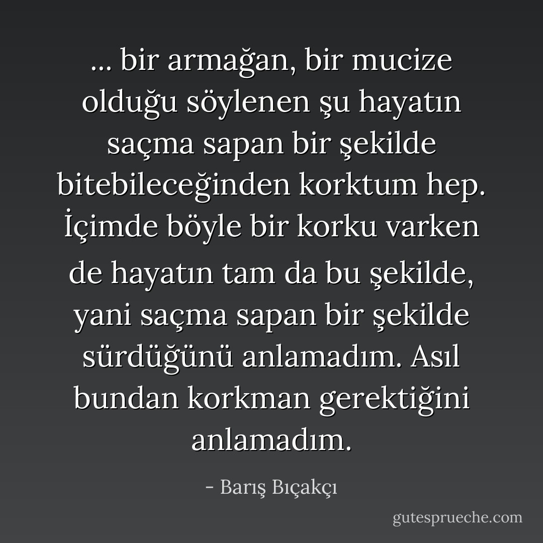 ... bir armağan, bir mucize olduğu söylenen şu hayatın saçma sapan bir şekilde bitebileceğinden korktum hep. İçimde böyle bir korku varken de hayatın tam da bu şekilde, yani saçma sapan bir şekilde sürdüğünü anlamadım. Asıl bundan korkman gerektiğini anlamadım. - Barış Bıçakçı