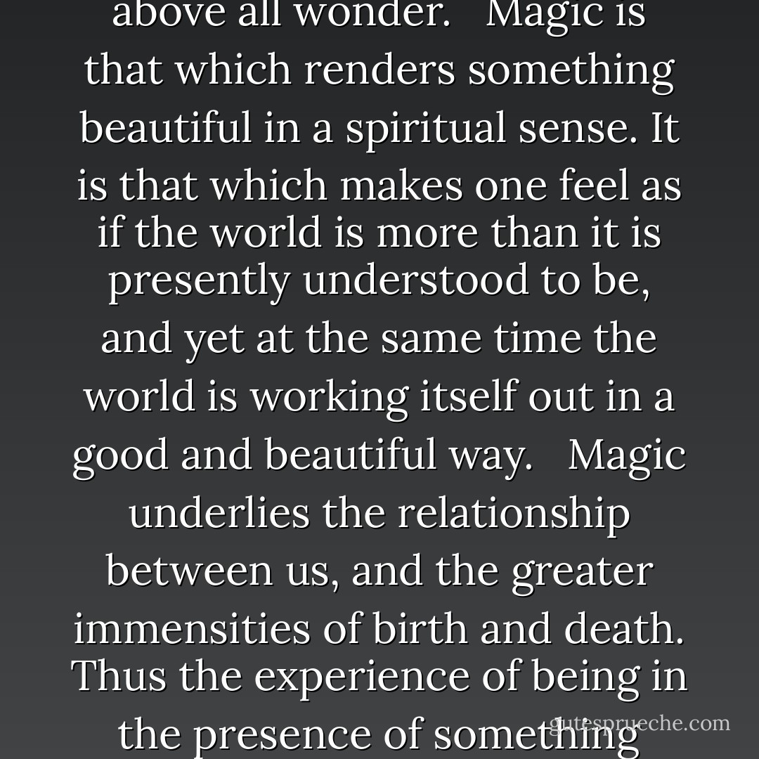 To my mind, ‘magic’ is the hard-to-define quality of the things that stir up mystical feelings like amazement, curiosity, imagination, and above all wonder. <br /><br />Magic is that which renders something beautiful in a spiritual sense. It is that which makes one feel as if the world is more than it is presently understood to be, and yet at the same time the world is working itself out in a good and beautiful way. <br /><br />Magic underlies the relationship between us, and the greater immensities of birth and death. Thus the experience of being in the presence of something magical is an empowering, uplifting experience. Magic, understood this way, contributes meaning to life. <br /> - Brendan Myers