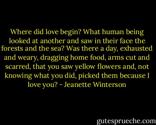 Where did love begin? What human being looked at another and saw in their face the forests and the sea? Was there a day, exhausted and weary, dragging home food, arms cut and scarred, that you saw yellow flowers and, not knowing what you did, picked them because I love you? - Jeanette Winterson