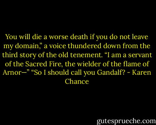 You will die a worse death if you do not leave my domain,” a voice thundered down from the third story of the old tenement. “I am a servant of the Sacred Fire, the wielder of the flame of Arnor—”<br />“So I should call you Gandalf? - Karen Chance