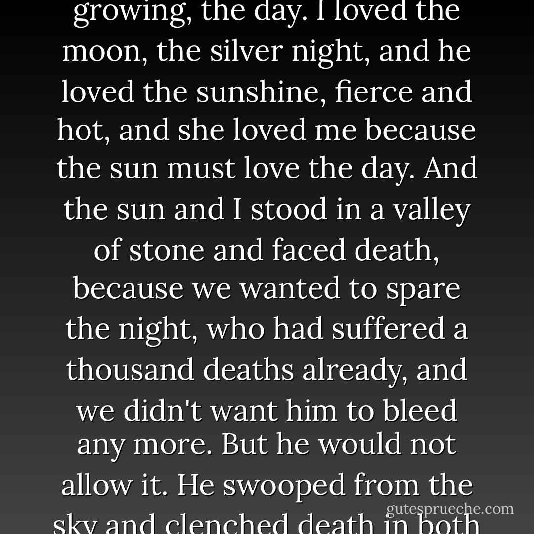 Listen to me. I will spill my insides for you once only. We were three—I am the green, the<br />growing, the day. I loved the moon, the silver night, and he loved the sunshine, fierce and hot, and she<br />loved me because the sun must love the day. And the sun and I stood in a valley of stone and faced<br />death, because we wanted to spare the night, who had suffered a thousand deaths already, and we didn't<br />want him to bleed any more. But he would not allow it. He swooped from the sky and clenched death<br />in both hands, and we wore his blood like skin. - Amy Lane
