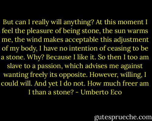 But can I really will anything? At this moment I feel the pleasure of being stone, the sun warms me, the wind makes acceptable this adjustment of my body, I have no intention of ceasing to be a stone. Why? Because I like it. So then I too am slave to a passion, which advises me against wanting freely its opposite. However, willing, I could will. And yet I do not. How much freer am I than a stone? - Umberto Eco