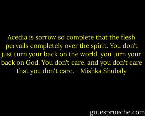 Acedia is sorrow so complete that the flesh pervails completely over the spirit. You don't just turn your back on the world, you turn your back on God. You don't care, and you don't care that you don't care. - Mishka Shubaly