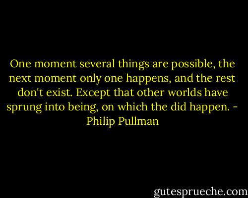 One moment several things are possible, the next moment only one happens, and the rest don't exist. Except that other worlds have sprung into being, on which the did happen. - Philip Pullman