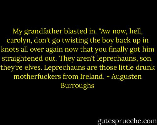 My grandfather blasted in. "Aw now, hell, carolyn, don't go twisting the boy back up in knots all over again now that you finally got him straightened out. They aren't leprechauns, son. they're elves. Leprechauns are those little drunk motherfuckers from Ireland. - Augusten Burroughs