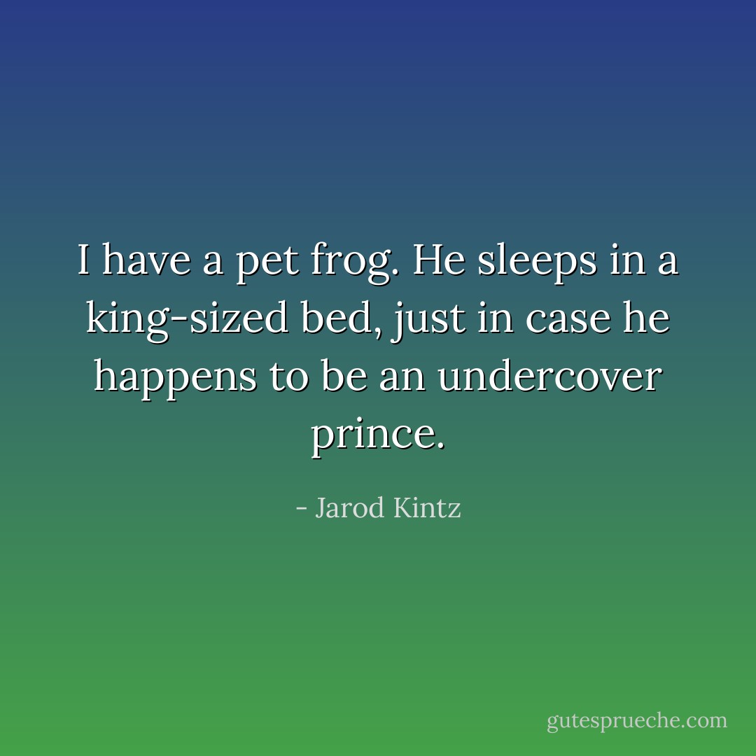 I have a pet frog. He sleeps in a king-sized bed, just in case he happens to be an undercover prince. - Jarod Kintz