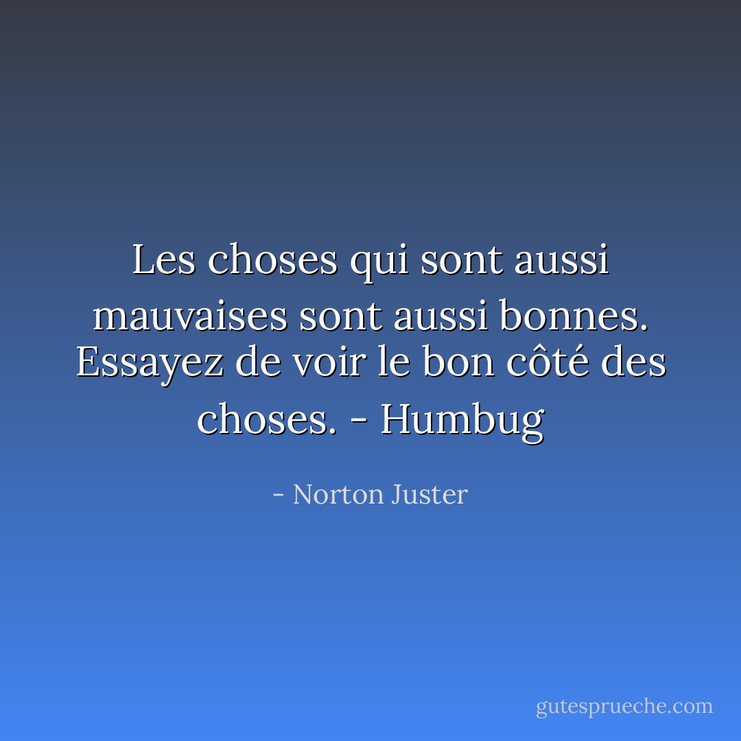 Les choses qui sont aussi mauvaises sont aussi bonnes. Essayez de voir le bon côté des choses.<br />- Humbug - Norton Juster