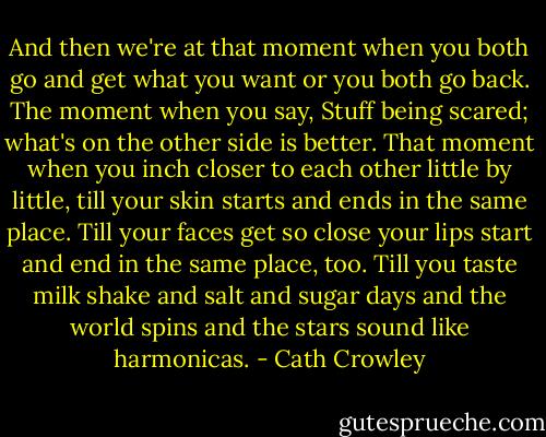 And then we're at that moment when you both go and get what you want or you both go back. The moment when you say, Stuff being scared; what's on the other side is better. That moment when you inch closer to each other little by little, till your skin starts and ends in the same place. Till your faces get so close your lips start and end in the same place, too. Till you taste milk shake and salt and sugar days and the world spins and the stars sound like harmonicas. - Cath Crowley