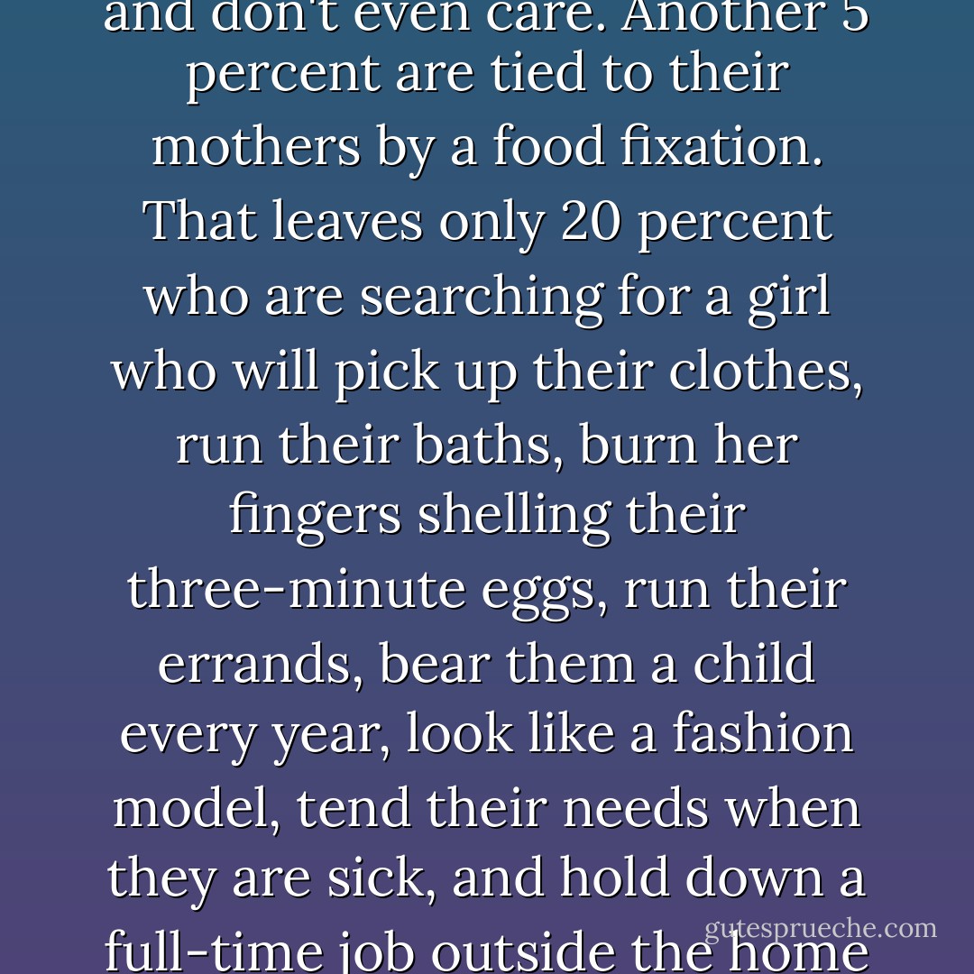 Of the little less than a million eligibles roaming around, 5 percent don't know their sign and don't even care. Another 5 percent are tied to their mothers by a food fixation. That leaves only 20 percent who are searching for a girl who will pick up their clothes, run their baths, burn her fingers shelling their three-minute eggs, run their errands, bear them a child every year, look like a fashion model, tend their needs when they are sick, and hold down a full-time job outside the home to make payments on their boat. - Erma Bombeck