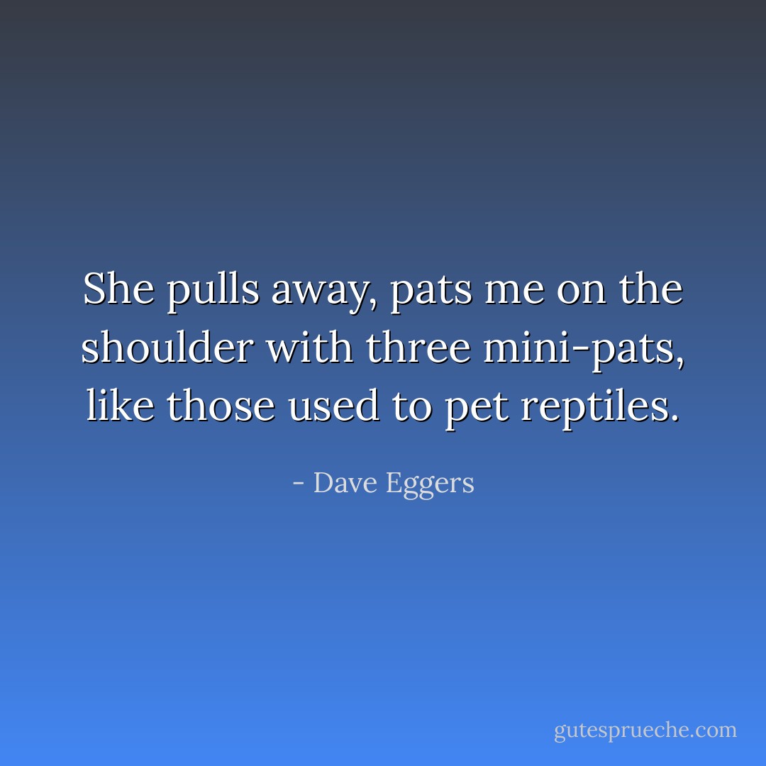 She pulls away, pats me on the shoulder with three mini-pats, like those used to pet reptiles. - Dave Eggers