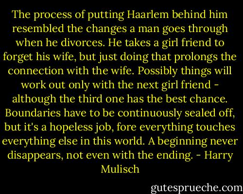 The process of putting Haarlem behind him resembled the changes a man goes through when he divorces. He takes a girl friend to forget his wife, but just doing that prolongs the connection with the wife. Possibly things will work out only with the next girl friend - although the third one has the best chance. Boundaries have to be continuously sealed off, but it's a hopeless job, fore everything touches everything else in this world. A beginning never disappears, not even with the ending. - Harry Mulisch