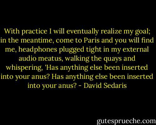 With practice I will eventually realize my goal; in the meantime, come to Paris and you will find me, headphones plugged tight in my external audio meatus, walking the quays and whispering, 'Has anything else been inserted into your anus? Has anything else been inserted into your anus? - David Sedaris