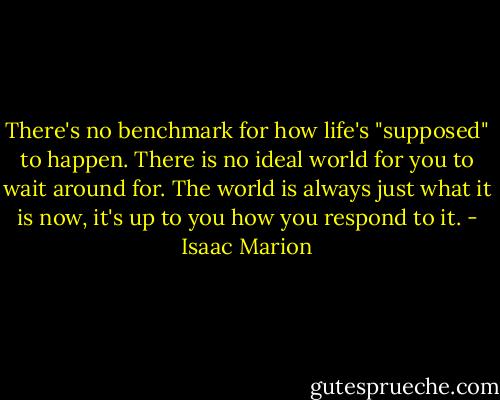 There's no benchmark for how life's "supposed" to happen. There is no ideal world for you to wait around for. The world is always just what it is now, it's up to you how you respond to it. - Isaac Marion