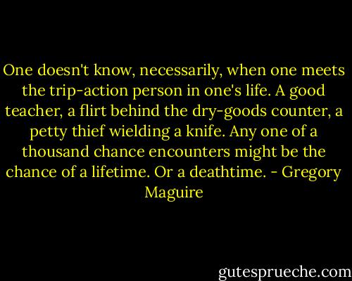 One doesn't know, necessarily, when one meets the trip-action person in one's life. A good teacher, a flirt behind the dry-goods counter, a petty thief wielding a knife. Any one of a thousand chance encounters might be the chance of a lifetime. Or a deathtime. - Gregory Maguire