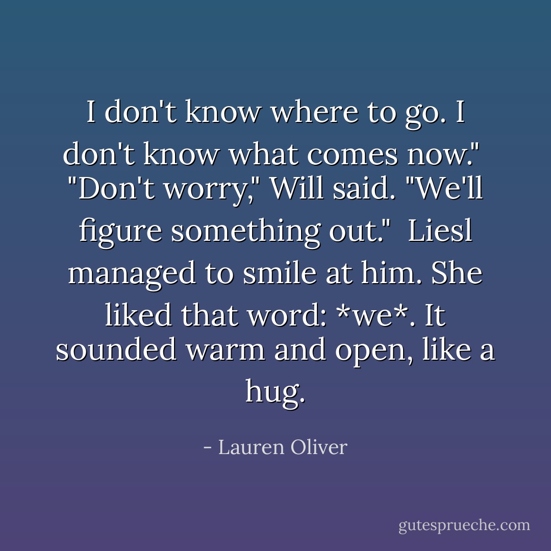 I don't know where to go. I don't know what comes now."<br /> "Don't worry," Will said. "We'll figure something out."<br /> Liesl managed to smile at him. She liked that word: *we*. It sounded warm and open, like a hug. - Lauren Oliver