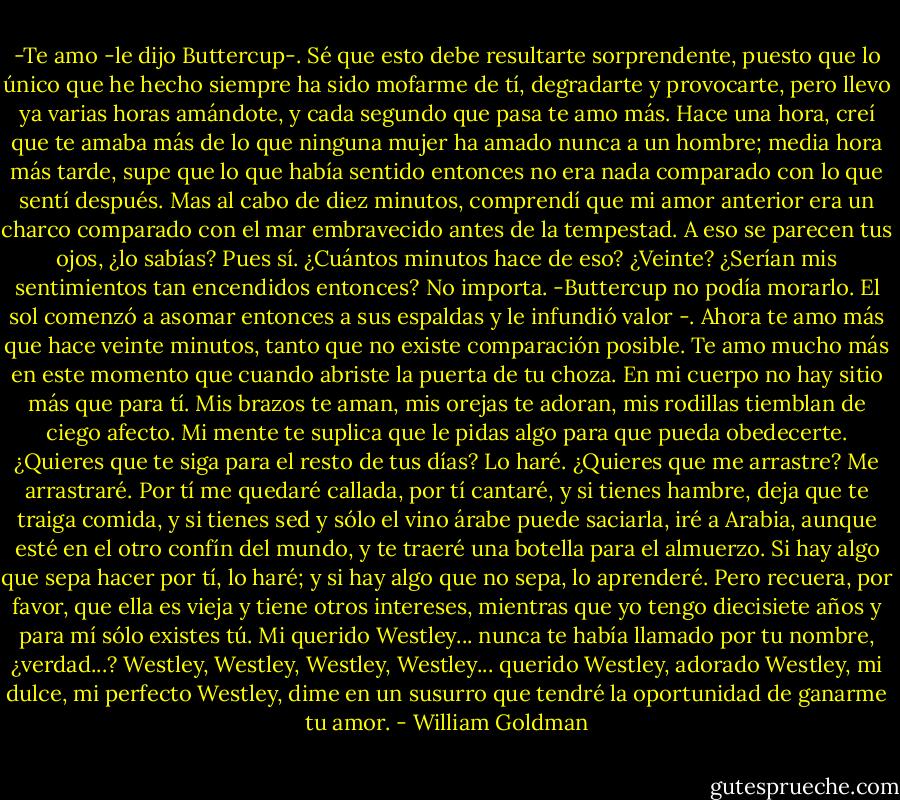 -Te amo -le dijo Buttercup-. Sé que esto debe resultarte sorprendente, puesto que lo único que he hecho siempre ha sido mofarme de tí, degradarte y provocarte, pero llevo ya varias horas amándote, y cada segundo que pasa te amo más. Hace una hora, creí que te amaba más de lo que ninguna mujer ha amado nunca a un hombre; media hora más tarde, supe que lo que había sentido entonces no era nada comparado con lo que sentí después. Mas al cabo de diez minutos, comprendí que mi amor anterior era un charco comparado con el mar embravecido antes de la tempestad. A eso se parecen tus ojos, ¿lo sabías? Pues sí. ¿Cuántos minutos hace de eso? ¿Veinte? ¿Serían mis sentimientos tan encendidos entonces? No importa. -Buttercup no podía morarlo. El sol comenzó a asomar entonces a sus espaldas y le infundió valor -. Ahora te amo más que hace veinte minutos, tanto que no existe comparación posible. Te amo mucho más en este momento que cuando abriste la puerta de tu choza. En mi cuerpo no hay sitio más que para tí. Mis brazos te aman, mis orejas te adoran, mis rodillas tiemblan de ciego afecto. Mi mente te suplica que le pidas algo para que pueda obedecerte. ¿Quieres que te siga para el resto de tus días? Lo haré. ¿Quieres que me arrastre? Me arrastraré. Por tí me quedaré callada, por tí cantaré, y si tienes hambre, deja que te traiga comida, y si tienes sed y sólo el vino árabe puede saciarla, iré a Arabia, aunque esté en el otro confín del mundo, y te traeré una botella para el almuerzo. Si hay algo que sepa hacer por tí, lo haré; y si hay algo que no sepa, lo aprenderé. Pero recuera, por favor, que ella es vieja y tiene otros intereses, mientras que yo tengo diecisiete años y para mí sólo existes tú. Mi querido Westley... nunca te había llamado por tu nombre, ¿verdad...? Westley, Westley, Westley, Westley... querido Westley, adorado Westley, mi dulce, mi perfecto Westley, dime en un susurro que tendré la oportunidad de ganarme tu amor. - William Goldman