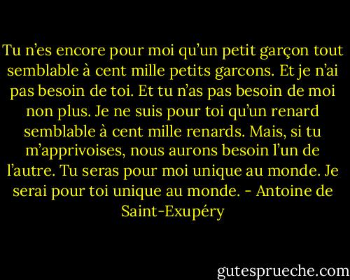 Tu n’es encore pour moi qu’un petit garçon tout semblable à cent mille petits garcons. Et je n’ai pas besoin de toi. Et tu n’as pas besoin de moi non plus. Je ne suis pour toi qu’un renard semblable à cent mille renards. Mais, si tu m’apprivoises, nous aurons besoin l’un de l’autre. Tu seras pour moi unique au monde. Je serai pour toi unique au monde. - Antoine de Saint-Exupéry