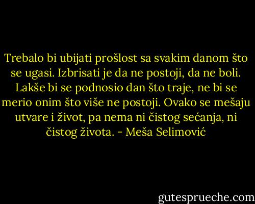 Trebalo bi ubijati prošlost sa svakim danom što se ugasi. Izbrisati je da ne postoji, da ne boli. Lakše bi se podnosio dan što traje, ne bi se merio onim što više ne postoji. Ovako se mešaju utvare i život, pa nema ni čistog sećanja, ni čistog života. - Meša Selimović