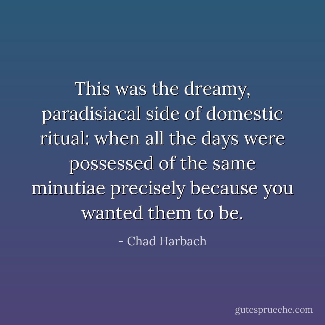 This was the dreamy, paradisiacal side of domestic ritual: when all the days were possessed of the same minutiae precisely because you wanted them to be. - Chad Harbach