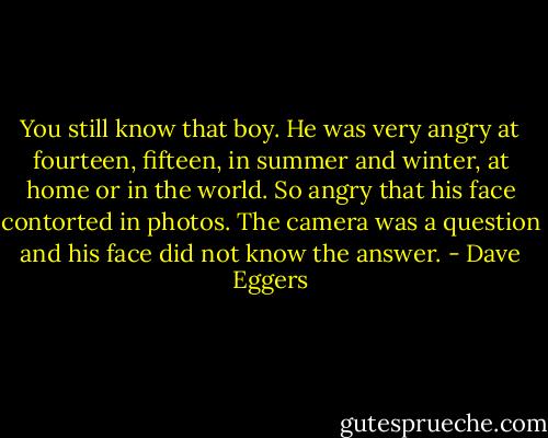 You still know that boy. He was very angry at fourteen, fifteen, in summer and winter, at home or in the world. So angry that his face contorted in photos. The camera was a question and his face did not know the answer. - Dave Eggers