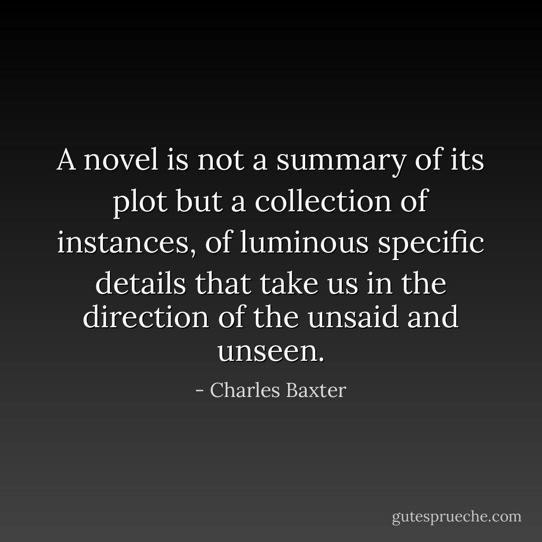A novel is not a summary of its plot but a collection of instances, of luminous specific details that take us in the direction of the unsaid and unseen. - Charles Baxter