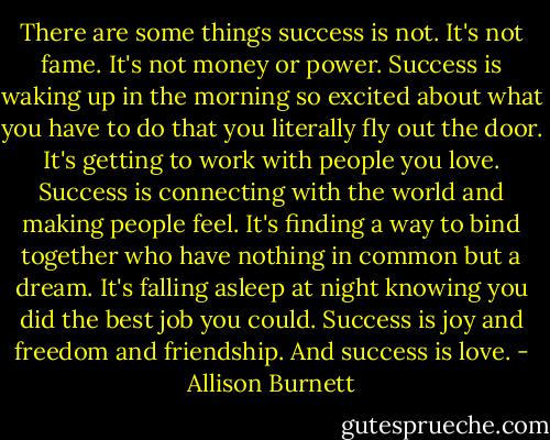 There are some things success is not. It's not fame. It's not money or power. Success is waking up in the morning so excited about what you have to do that you literally fly out the door. It's getting to work with people you love. Success is connecting with the world and making people feel. It's finding a way to bind together who have nothing in common but a dream. It's falling asleep at night knowing you did the best job you could. Success is joy and freedom and friendship. And success is love. - Allison Burnett