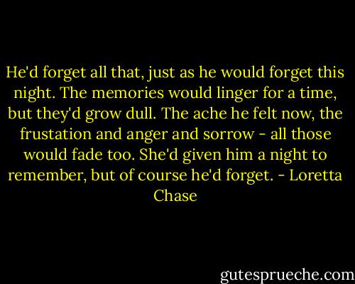 He'd forget all that, just as he would forget this night.<br />The memories would linger for a time, but they'd grow dull. The ache he felt now, the frustation and anger and sorrow - all those would fade too.<br />She'd given him a night to remember, but of course he'd forget. - Loretta Chase