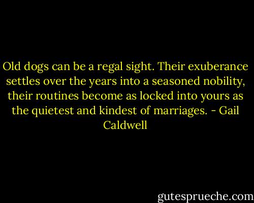 Old dogs can be a regal sight. Their exuberance settles over the years into a seasoned nobility, their routines become as locked into yours as the quietest and kindest of marriages. - Gail Caldwell