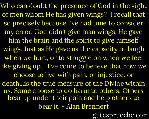 Who can doubt the presence of God in the sight of men whom He has given wings?<br /><br />I recall that so precisely because I've had time to consider my error. God didn't give man wings; He gave him the brain and the spirit to give himself wings. Just as He gave us the capacity to laugh when we hurt, or to struggle on when we feel like giving up. <br /><br />I've come to believe that how we choose to live with pain, or injustice, or death...is the true measure of the Divine within us. Some choose to do harm to others. Others bear up under their pain and help others to bear it. - Alan Brennert