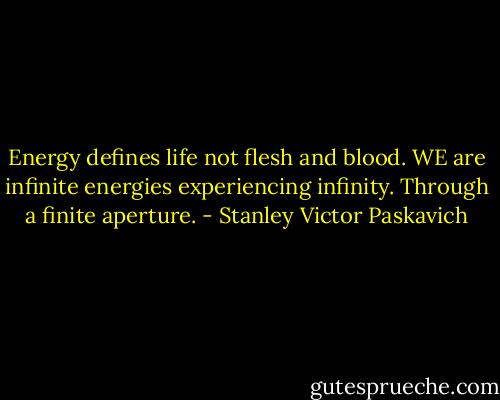 Energy defines life not flesh and blood. WE are infinite energies experiencing infinity. Through a finite aperture. - Stanley Victor Paskavich