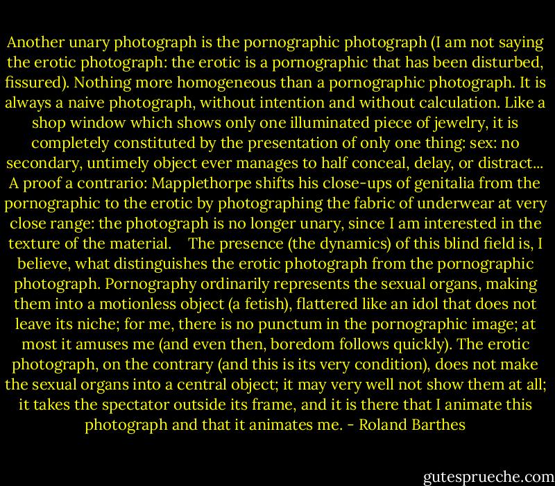 Another unary photograph is the pornographic photograph (I am not saying the erotic photograph: the erotic is a pornographic that has been disturbed, fissured). Nothing more homogeneous than a pornographic photograph. It is always a naive photograph, without intention and without calculation. Like a shop window which shows only one illuminated piece of jewelry, it is completely constituted by the presentation of only one thing: sex: no secondary, untimely object ever manages to half conceal, delay, or distract... A proof a contrario: Mapplethorpe shifts his close-ups of genitalia from the pornographic to the erotic by photographing the fabric of underwear at very close range: the photograph is no longer unary, since I am interested in the texture of the material. <br /><br /><br />The presence (the dynamics) of this blind field is, I believe, what distinguishes the erotic photograph from the pornographic photograph. Pornography ordinarily represents the sexual organs, making them into a motionless object (a fetish), flattered like an idol that does not leave its niche; for me, there is no punctum in the pornographic image; at most it amuses me (and even then, boredom follows quickly). The erotic photograph, on the contrary (and this is its very condition), does not make the sexual organs into a central object; it may very well not show them at all; it takes the spectator outside its frame, and it is there that I animate this photograph and that it animates me. - Roland Barthes
