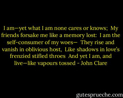 I am—yet what I am none cares or knows; <br />My friends forsake me like a memory lost: <br />I am the self-consumer of my woes— <br />They rise and vanish in oblivious host, <br />Like shadows in love’s frenzied stifled throes <br />And yet I am, and live—like vapours tossed - John Clare
