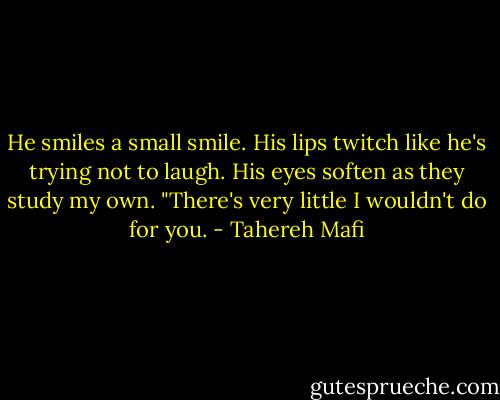 He smiles a small smile. His lips twitch like he's trying not to laugh. His eyes soften as they study my own. "There's very little I wouldn't do for you. - Tahereh Mafi
