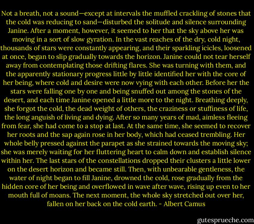 Not a breath, not a sound—except at intervals the muffled crackling of stones that the cold was reducing to sand—disturbed the solitude and silence surrounding Janine. After a moment, however, it seemed to her that the sky above her was moving in a sort of slow gyration. In the vast reaches of the dry, cold night, thousands of stars were constantly appearing, and their sparkling icicles, loosened at once, began to slip gradually towards the horizon. Janine could not tear herself away from contemplating those drifting flares. She was turning with them, and the apparently stationary progress little by little identified her with the core of her being, where cold and desire were now vying with each other. Before her the stars were falling one by one and being snuffed out among the stones of the desert, and each time Janine opened a little more to the night. Breathing deeply, she forgot the cold, the dead weight of others, the craziness or stuffiness of life, the long anguish of living and dying. After so many years of mad, aimless fleeing from fear, she had come to a stop at last. At the same time, she seemed to recover her roots and the sap again rose in her body, which had ceased trembling. Her whole belly pressed against the parapet as she strained towards the moving sky; she was merely waiting for her fluttering heart to calm down and establish silence within her. The last stars of the constellations dropped their clusters a little lower on the desert horizon and became still. Then, with unbearable gentleness, the water of night began to fill Janine, drowned the cold, rose gradually from the hidden core of her being and overflowed in wave after wave, rising up even to her mouth full of moans. The next moment, the whole sky stretched out over her, fallen on her back on the cold earth. - Albert Camus