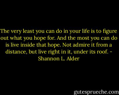 The very least you can do in your life is to figure out what you hope for. And the most you can do is live inside that hope. Not admire it from a distance, but live right in it, under its roof. - Shannon L. Alder