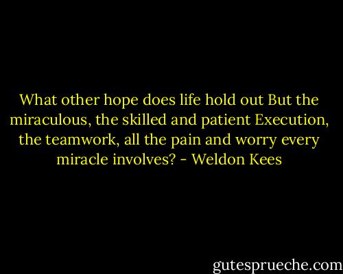 What other hope does life hold out<br />But the miraculous, the skilled and patient<br />Execution, the teamwork, all the pain and worry every miracle involves? - Weldon Kees