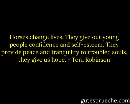 Horses change lives. They give out young people confidence and self-esteem. They provide peace and tranquility to troubled souls, they give us hope. - Toni Robinson