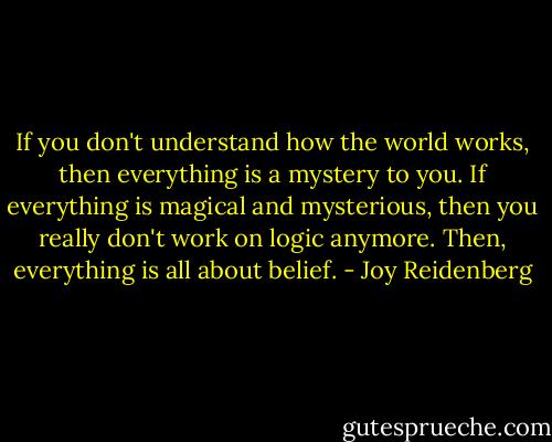 If you don't understand how the world works, then everything is a mystery to you. If everything is magical and mysterious, then you really don't work on logic anymore. Then, everything is all about belief. - Joy Reidenberg