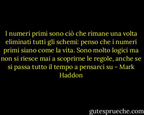 I numeri primi sono ciò che rimane una volta eliminati tutti gli schemi: penso che i numeri primi siano come la vita. Sono molto logici ma non si riesce mai a scoprirne le regole, anche se si passa tutto il tempo a pensarci su - Mark Haddon