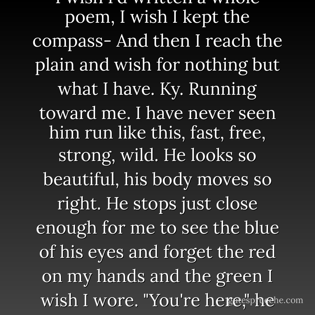 For a moment nothing happens. The figure stands still and I stand cold and alive and-<br />He starts to run. I make my way down the rocks, slipping, sliding, trying to get to the plain. I wish, I think, my feet clumsy, moving too fast, not fast enough, I wish i could run, I wish I'd written a whole poem, I wish I kept the compass-<br />And then I reach the plain and wish for nothing but what I have. Ky. Running toward me. I have never seen him run like this, fast, free, strong, wild. He looks so beautiful, his body moves so right. He stops just close enough for me to see the blue of his eyes and forget the red on my hands and the green I wish I wore. "You're here," he says, breathing hard and hungry. sweat and dirt cover his face, and he looks at me as though I'm the only thing he ever needed to see. I open my mouth to say yes. But I only have time to breathe in before he closes the last of the distance. All I know is the kiss. - Ally Condie