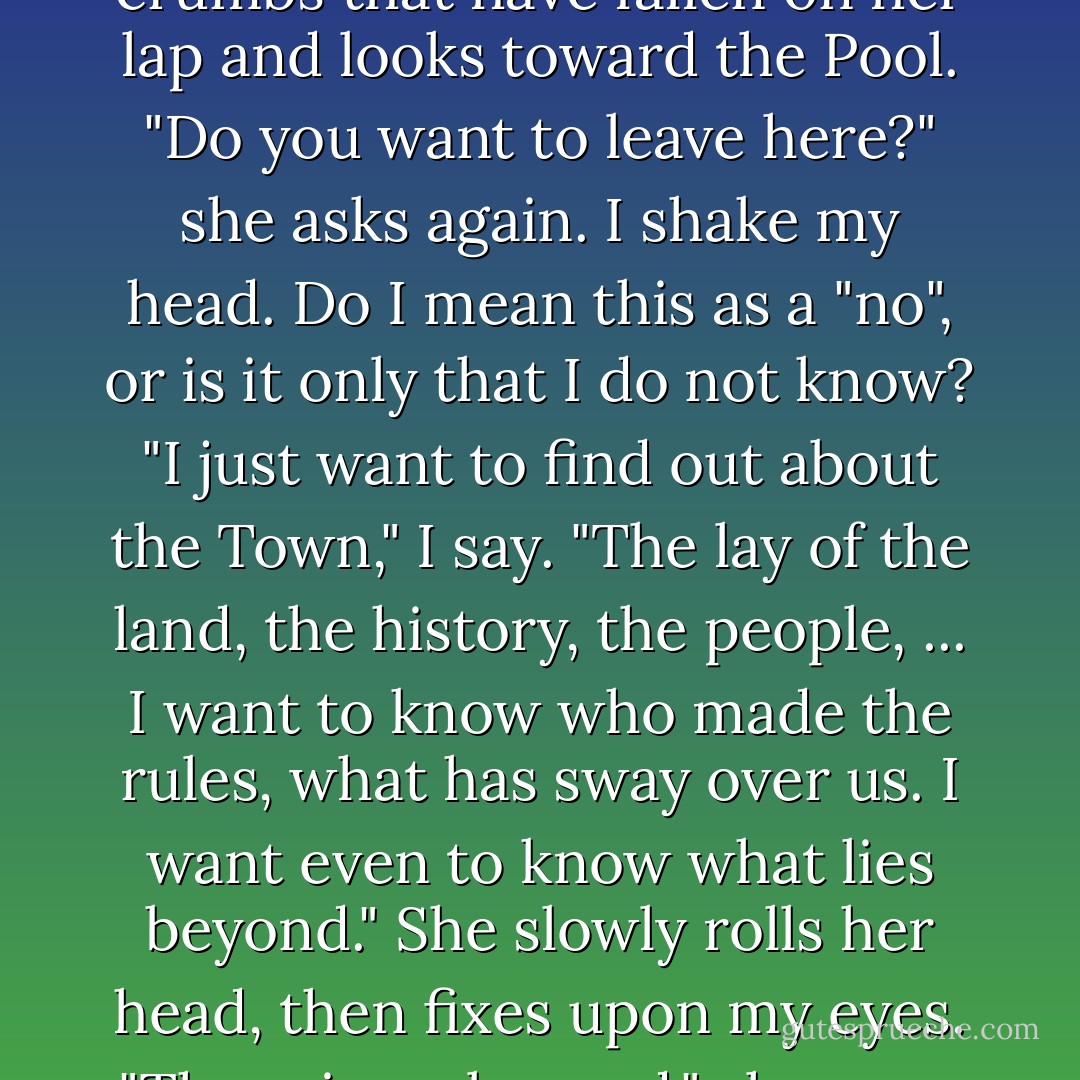Why must you have this map?" she asks. "Even with a map, you will never leave this Town."<br />She brushes away the bread crumbs that have fallen on her lap and looks toward the Pool.<br />"Do you want to leave here?" she asks again.<br />I shake my head. Do I mean this as a "no", or is it only that I do not know?<br />"I just want to find out about the Town," I say. "The lay of the land, the history, the people, ... I want to know who made the rules, what has sway over us. I want even to know what lies beyond."<br />She slowly rolls her head, then fixes upon my eyes. "There is no beyond," she says. "Did you not know? We are at the End of the World. We are here forever. - Haruki Murakami