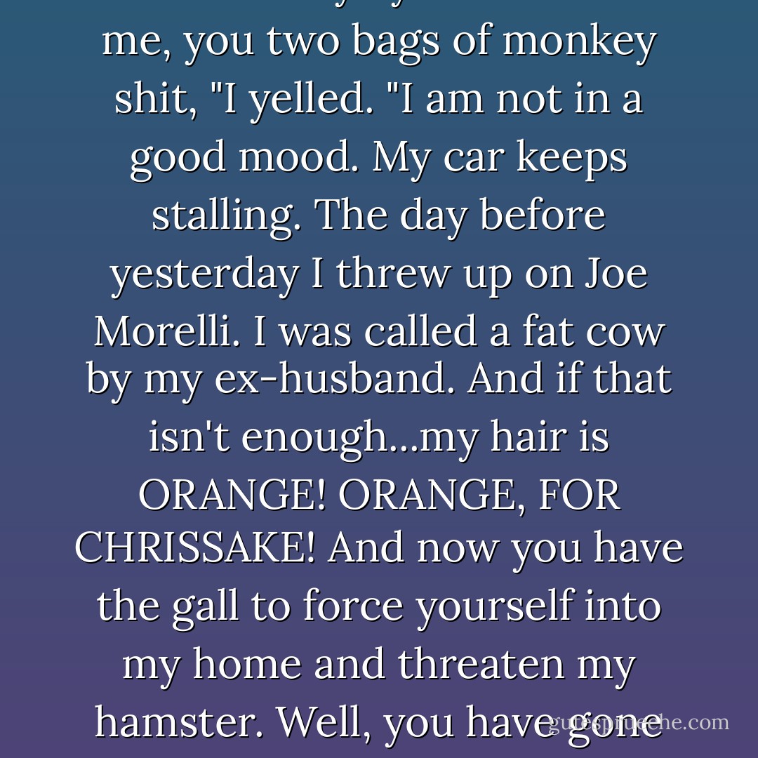 ...I blink back the threat of tears, swiped at my nose and narrowed my eyes. "Listen to me, you two bags of monkey shit, "I yelled. "I am not in a good mood. My car keeps stalling. The day before yesterday I threw up on Joe Morelli. I was called a fat cow by my ex-husband. And if that isn't enough...my hair is ORANGE! ORANGE, FOR CHRISSAKE! And now you have the gall to force yourself into my home and threaten my hamster. Well, you have gone too far. You have crossed the line! - Janet Evanovich